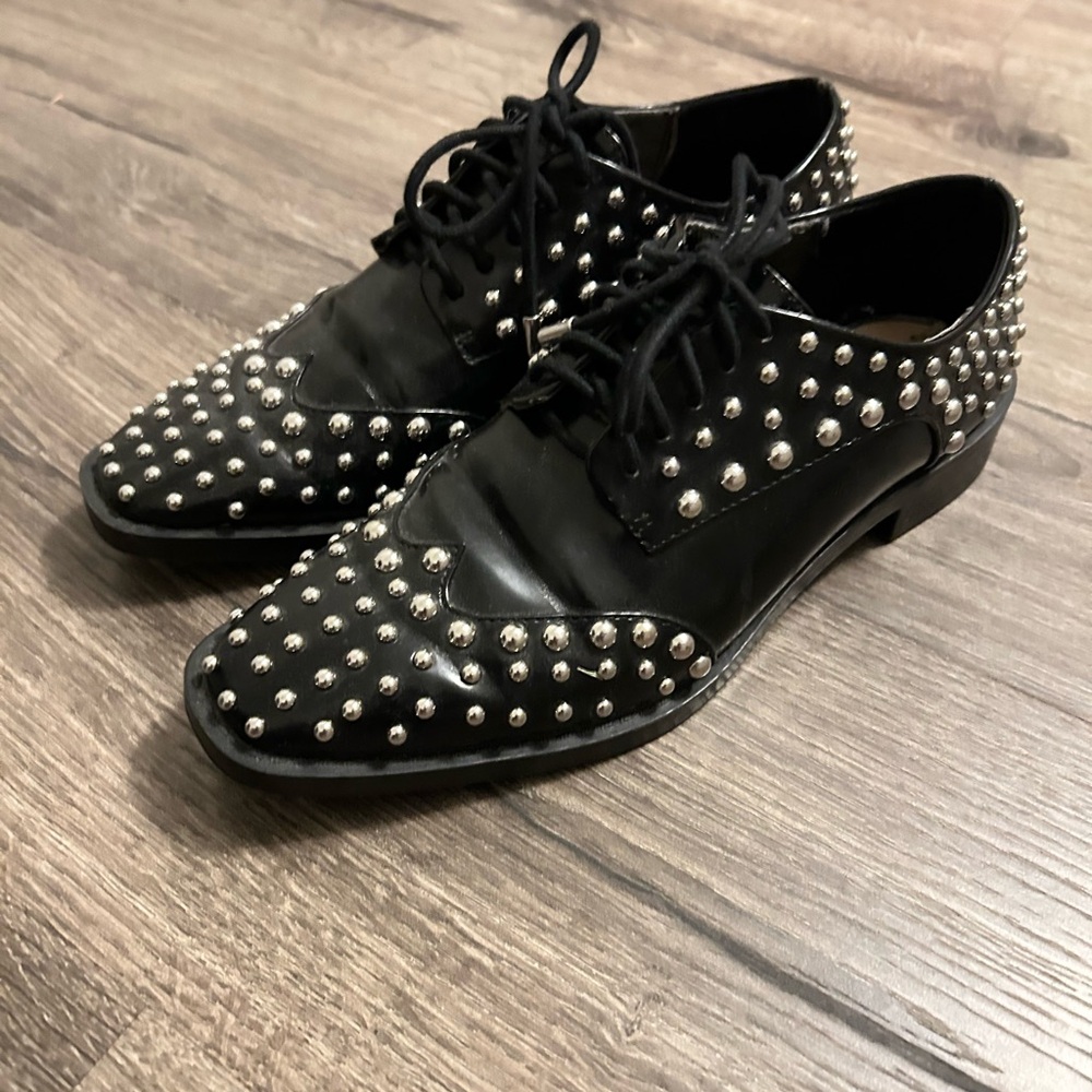 ZARA Black Studded Flats Oxford 38 7.5